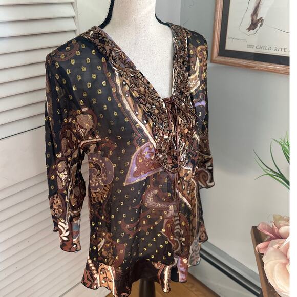 HALE BOB Womens Tunic Brown Chiffon Beaded Metallic Bohemian Artsy Festival | S - Picture 4 of 11